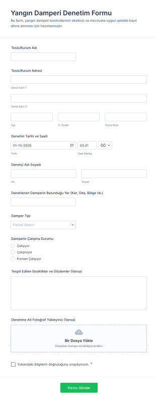 Yangın Damperi Denetim Form Şablonu