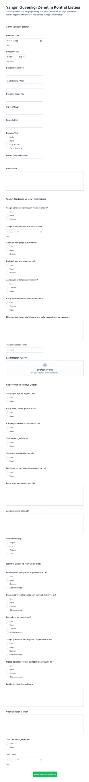 Yangın Güvenliği Denetim Kontrol Listesi Formu 🔥 Form Şablonu