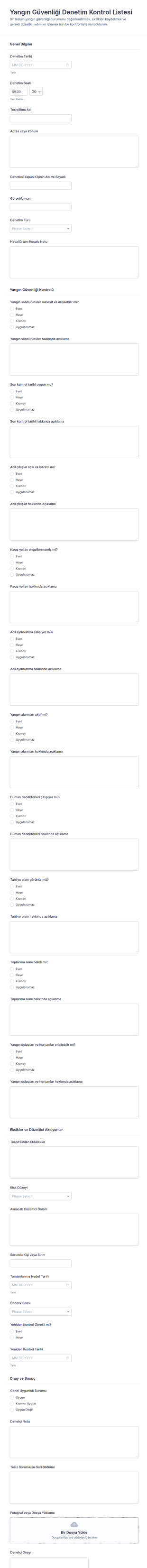 Yangın Güvenliği Denetim Kontrol Listesi Form Şablonu