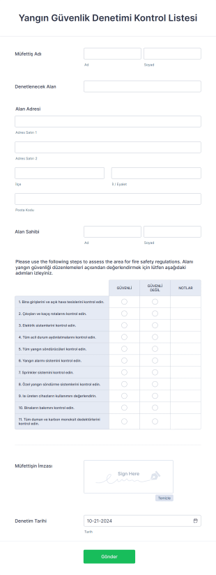 Yangın Güvenlik Denetimi Kontrol Listesi Form Template