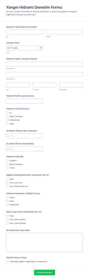 Yangın Hidrantı Denetim Form Şablonu