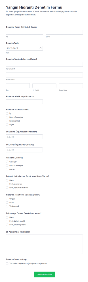 Yangın Hidrantı Denetim Form Şablonu