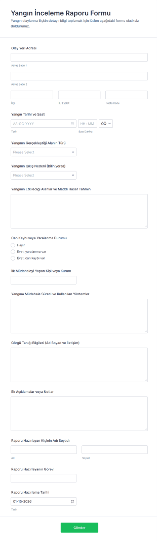 Yangın İnceleme Raporu Form Şablonu