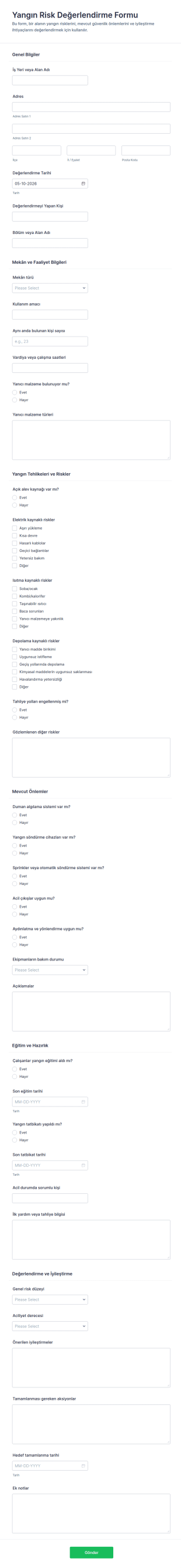 Yangın Riski Değerlendirme Form Şablonu