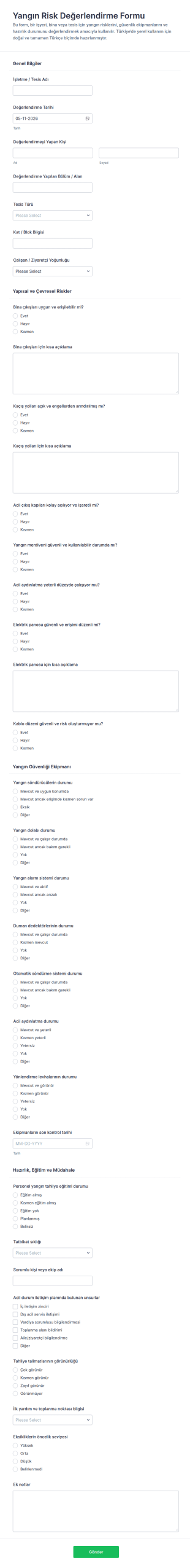 Yangın Riski Değerlendirme Form Şablonu