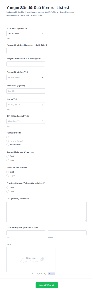 Yangın Söndürücü Kontrol Listesi Form Şablonu