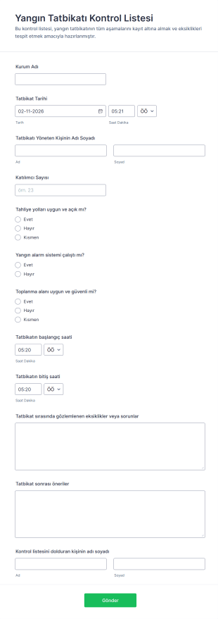 Yangın Tatbikatı Kontrol Listesi Form Şablonu
