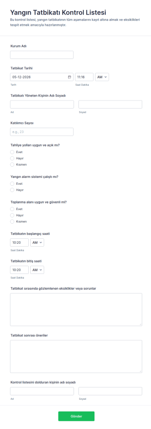 Yangın Tatbikatı Kontrol Listesi Form Şablonu