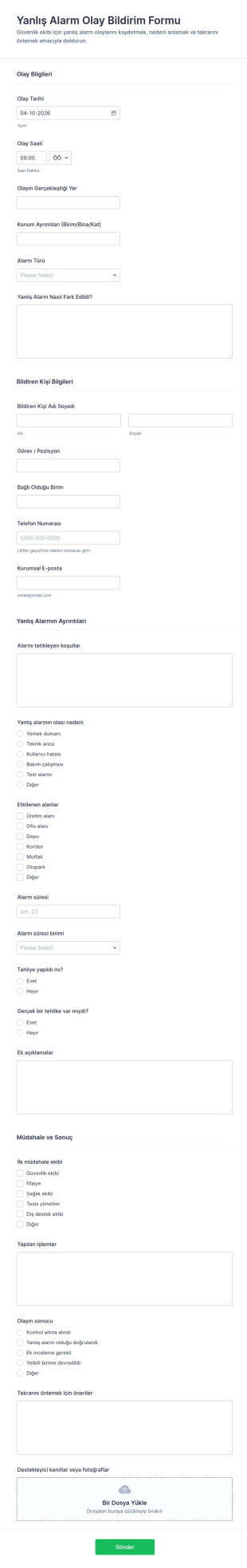 Yanlış Alarm Olay Raporu Form Şablonu