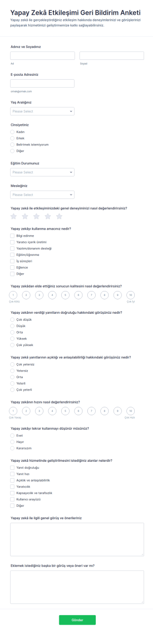 Yapay Zekâ Etkileşimi Geri Bildirim Anketi Form Şablonu
