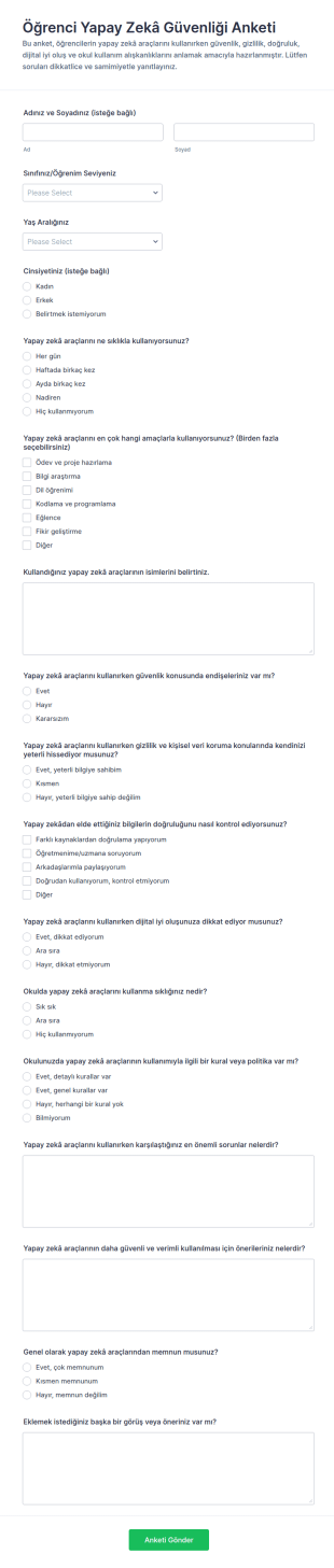 Yapay Zekâ Güvenliği Öğrenci Anketi Form Şablonu