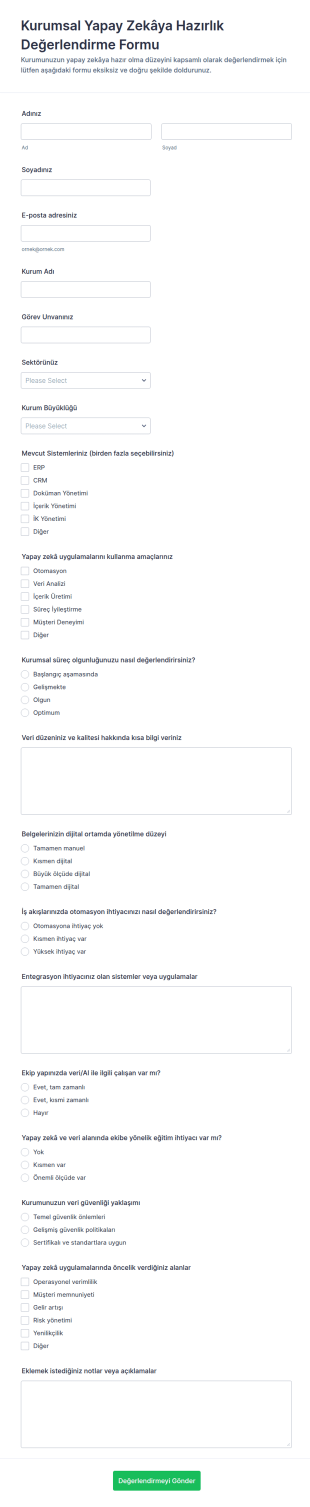 Yapay Zekâ Hazırlık Değerlendirme Anketi Form Şablonu