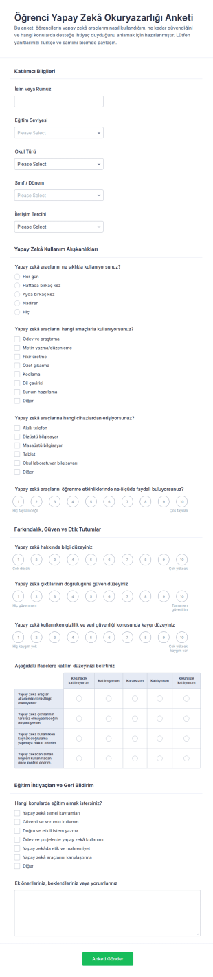 Yapay Zekâ Okuryazarlığı Anketi Form Şablonu