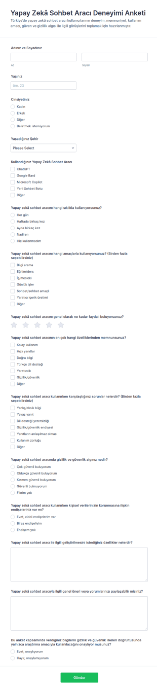 Yapay Zekâ Sohbet Deneyimi Anketi Form Şablonu