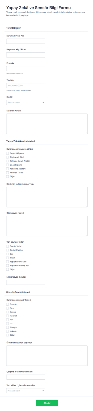 Yapay Zekâ Ve Sensör Bilgi Form Şablonu