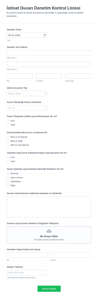 Yapı Duvarları Kontrol Listesi Form Şablonu