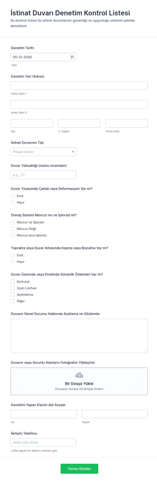 Yapı Duvarları Kontrol Listesi Form Şablonu