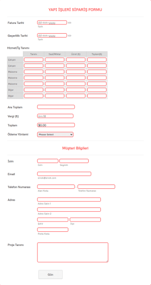 Yapı İşleri Sipariş Form Şablonu