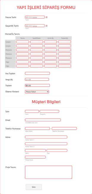 Yapı İşleri Sipariş Form Şablonu