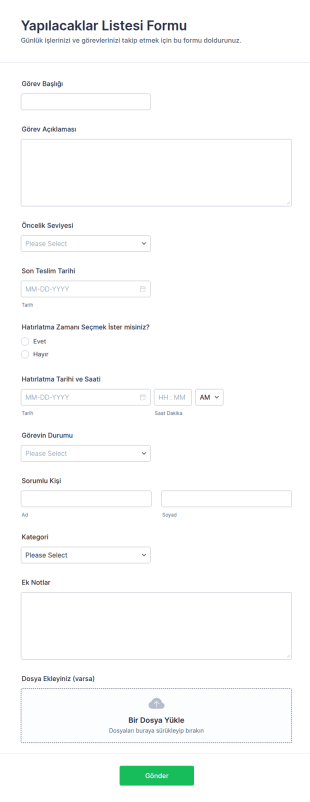 Yapılacaklar Listesi Form Şablonu