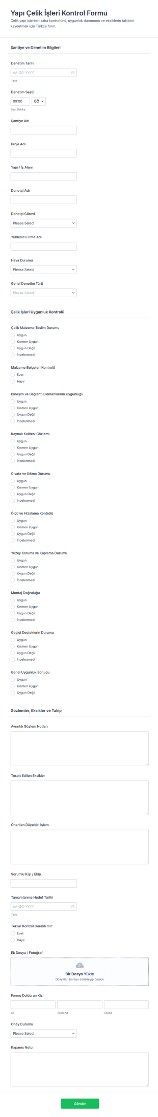 Yapısal Çelik İş Denetim Form Şablonu