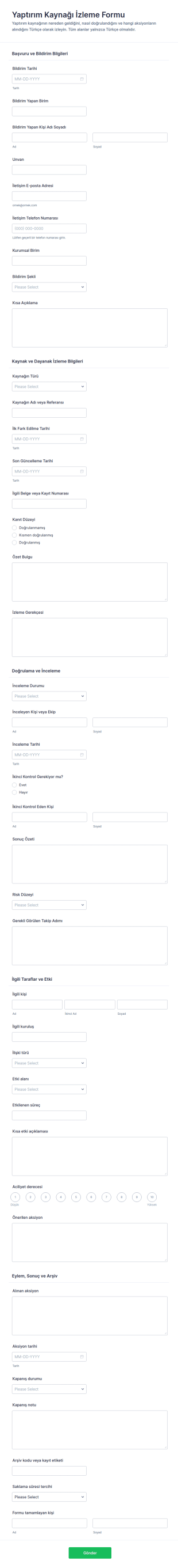 Yaptırım Kaynağı İzleme Form Şablonu