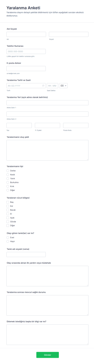 Yaralanma Anketi Form Şablonu