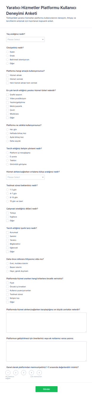 Yaratıcı Hizmetler Platformu Anketi Form Şablonu