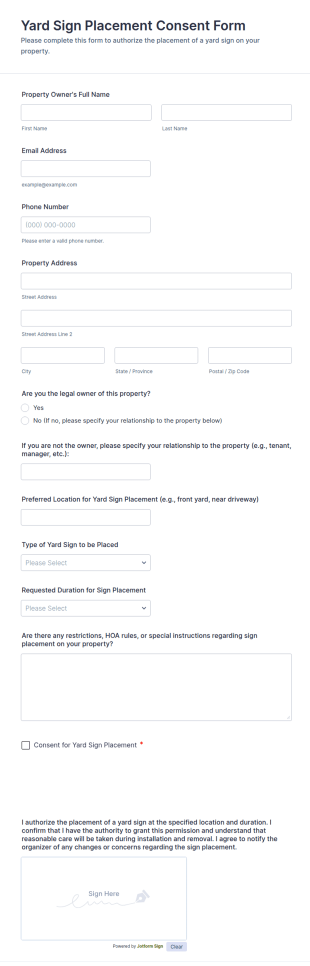 Yard Sign Placement Consent Form Template