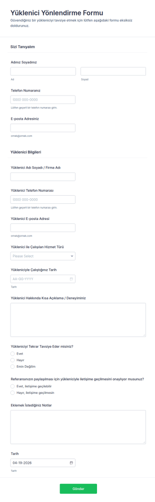 Yardımcı Personel Tavsiye Form Şablonu