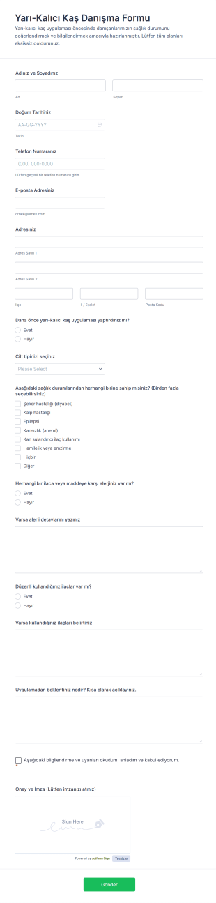 Yarı Kalıcı Kaş Danışma Form Şablonu