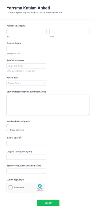 Yarışma Katılım Anketi Form Şablonu