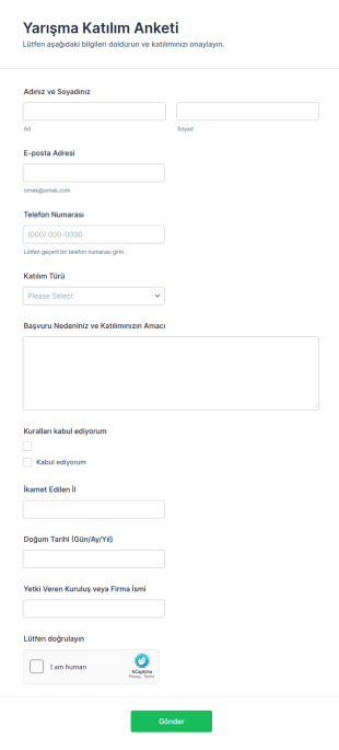 Yarışma Katılım Anketi Form Şablonu