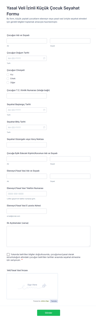 Yasal Veli İzinli Küçük Çocuk Seyahat Form Şablonu