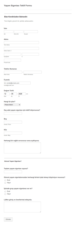 Yaşam Sigortası Teklif Form Şablonu