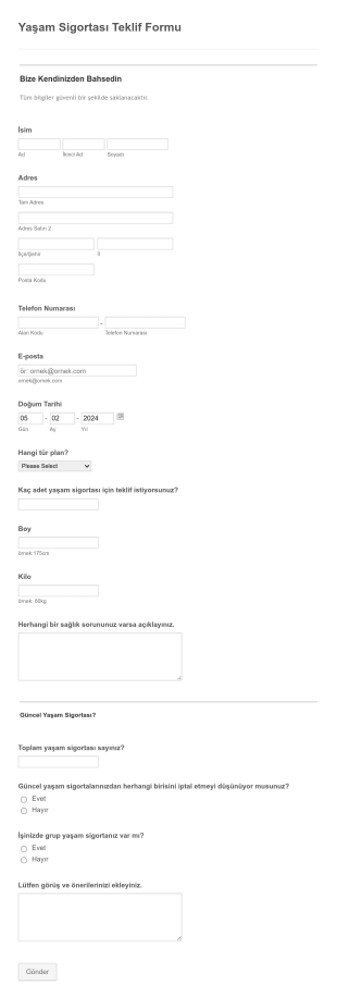 Yaşam Sigortası Teklif Form Template