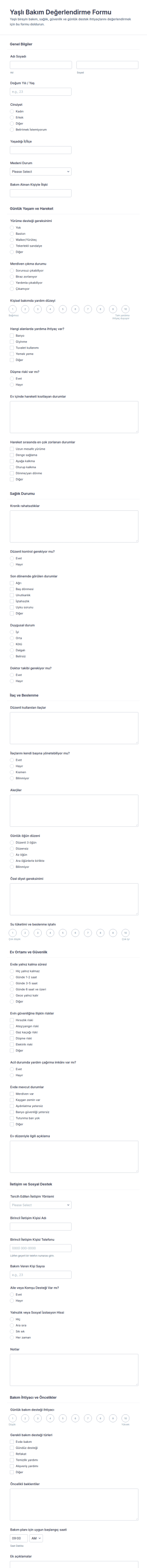 Yaşlı Bakım Değerlendirme Anketi Form Şablonu