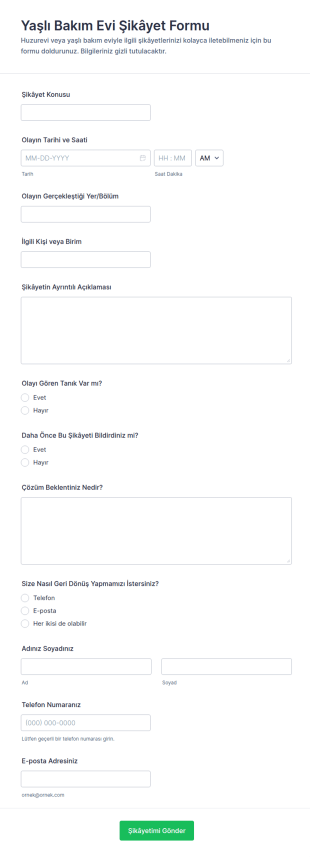 Yaşlı Bakım Merkezi Şikayet Form Şablonu