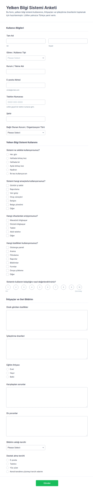 Yat Bilgi Sistemi Anketi Form Şablonu