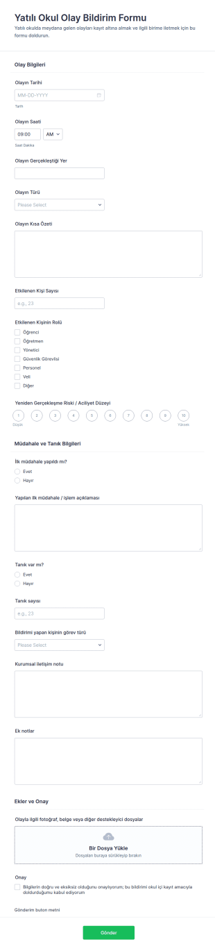 Yatılı Okul Olay Raporu Form Şablonu