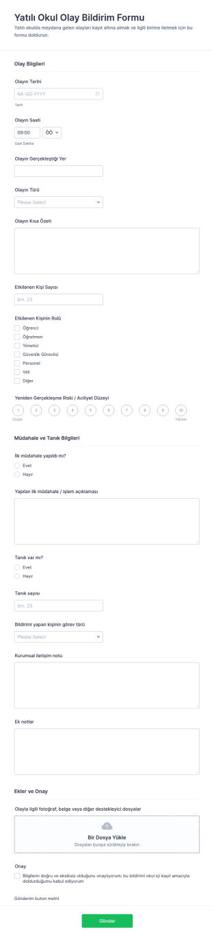 Yatılı Okul Olay Raporu Form Şablonu
