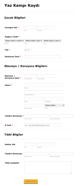 Yaz Kampı Kayıt Formu Form Template