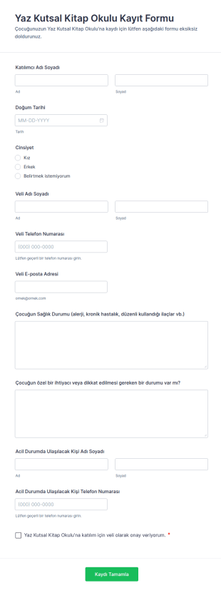Yaz Kutsal Kitap Okulu Kayıt Form Şablonu