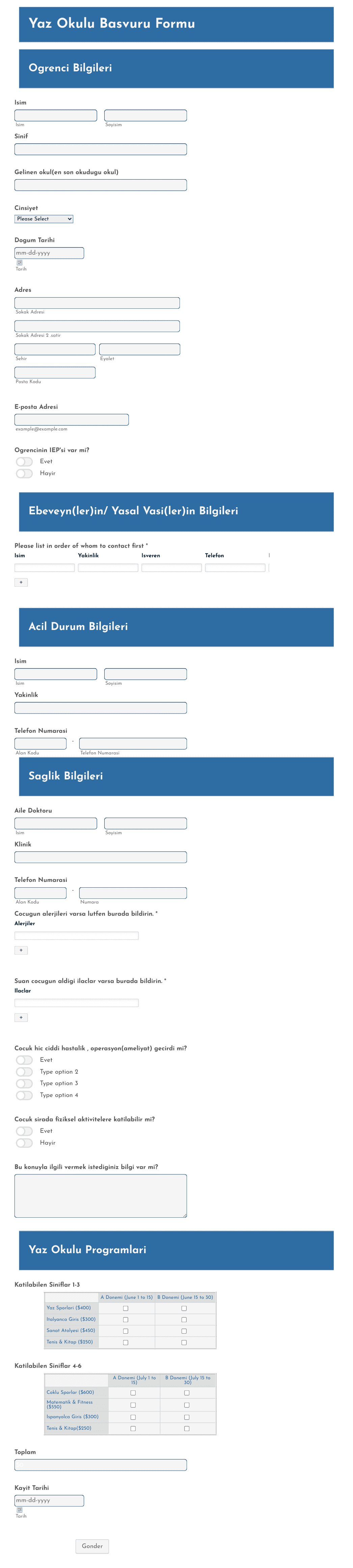 Yaz Okulu Başvuru Formu