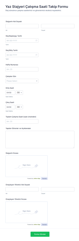 Yaz Stajyeri Çalışma Saati Takip Form Şablonu
