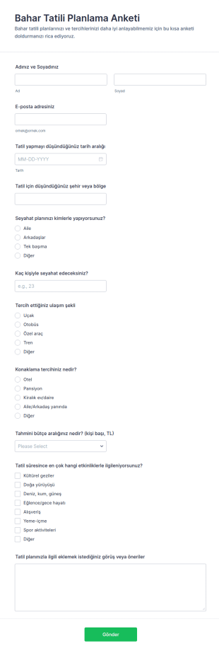 Yaz Tatili Anketi Form Şablonu