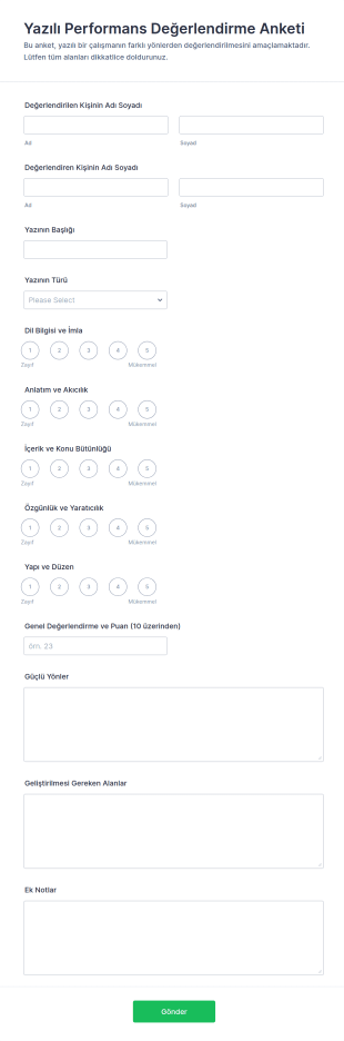 Yazılı Performans Değerlendirme Anketi Form Şablonu