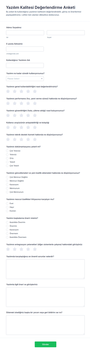 Yazılım Kalite Değerlendirme Anketi Form Şablonu