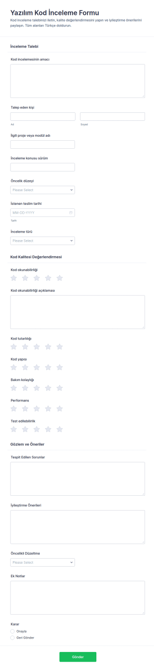 Yazılım Kod İnceleme Form Şablonu