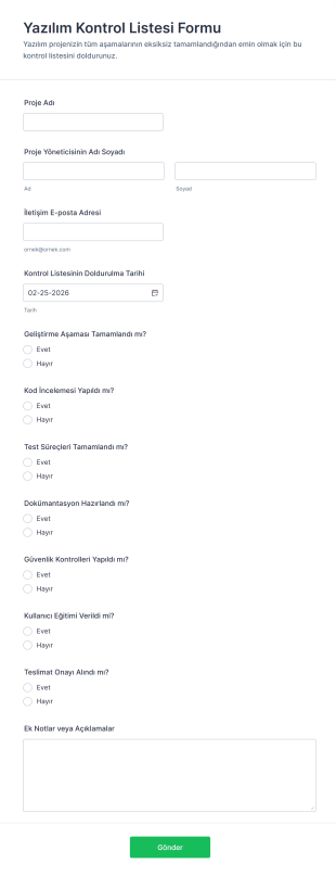 Yazılım Kontrol Listesi Form Şablonu